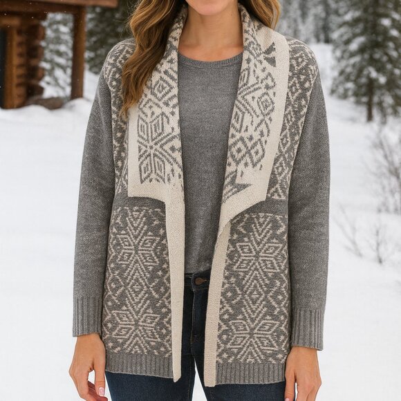 Talbots Gray & Cream Open Front Cardigan Snowflake Pattern Holiday Cabincore - Picture 1 of 8